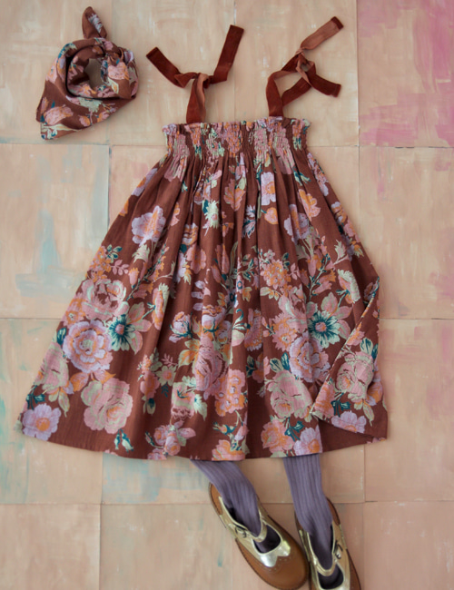 [BONJOUR DIARY]Long Skirt dress with Scarf 50*50 cm _ Big brown flower print