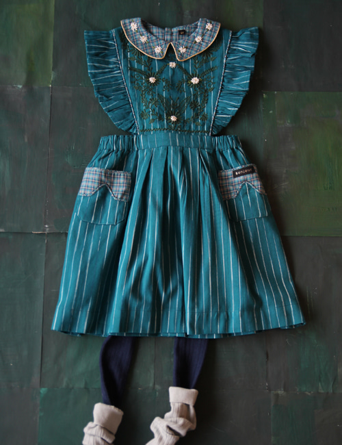 [BONJOUR DIARY]Apron dress  with embroidery _ Ikat blue