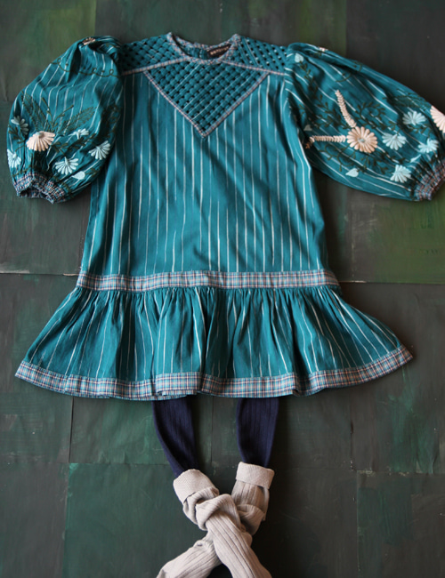 [BONJOUR DIARY]Folk dress with braid top &amp; embroidery  _ Ikat blue