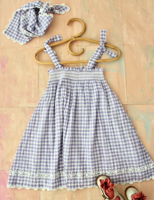 [BONJOUR DIARY] Long Skirt Dress with Triangle scarf _ Violet Gingham