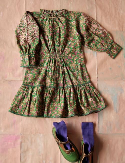 [BONJOUR DIARY]New dress with Long Cuff _ Small pink flowers print