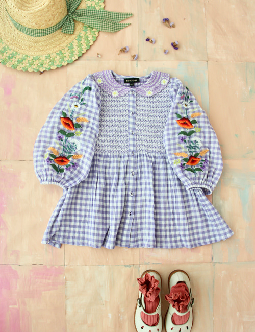 [BONJOUR DIARY] Tunique Blouse with embrloidery collar &amp; sleeve _ Violet Gingham[2-3Y, 4Y, 6Y, 8y]