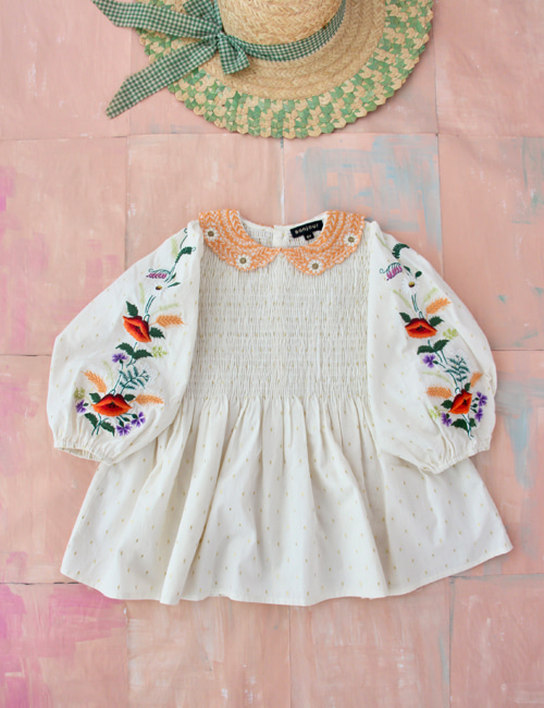 [BONJOUR DIARY] Tunique Blouse with embrloidery collar &amp; sleeve _ Gold Dot[2-3Y,8Y]