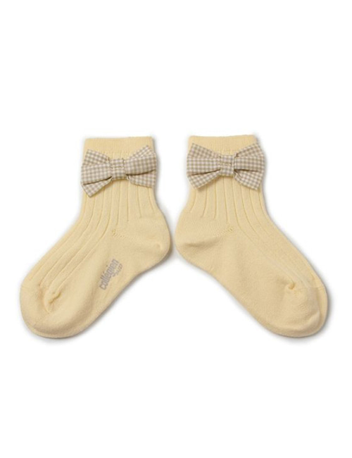 [COLLEGIEN] Ribbed Ankle Socks with Gingham bow  (No.039)[24/27, 28/31, 32/35]