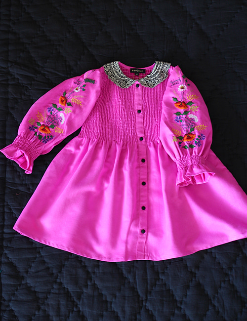 [BONJOUR DIARY] DRESS WITH EMBROIDERY COLLAR AND SLEEVE _ Solid Fushia Corduroy [6Y]