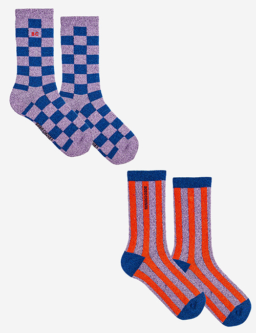 [BOBO CHOSES]Checkerboard and stripes long socks pack [23-25,35-37]