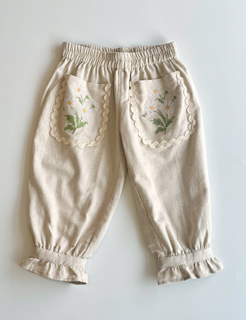 [MES KIDS DES FLEURS]Embroidered trousers _ Beige  [50%cotton 50%linen] [110]