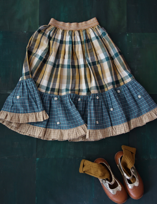 [BONJOUR DIARY]Patchwork long skirt with gold elastic _ Big green check[4Y, 6Y, 8Y, 10Y, 12Y]