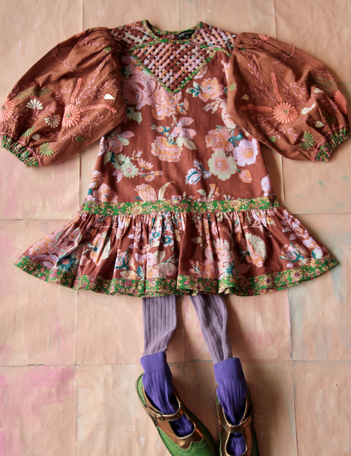 [BONJOUR DIARY]Folk dress with braid top  &amp; embroidery _　Big brown flower print[3Y, 4Y, 8Y, 10Y]
