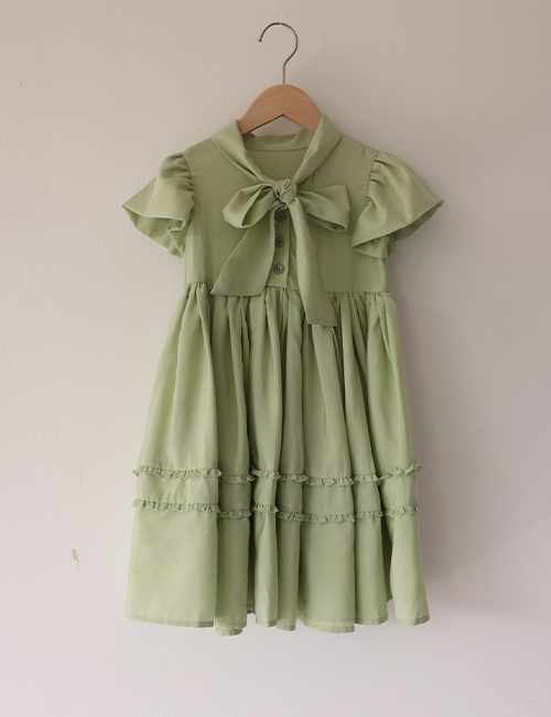 [MES KIDS DES FLEURS]Bow dress _ Green [100% cotton] [90]