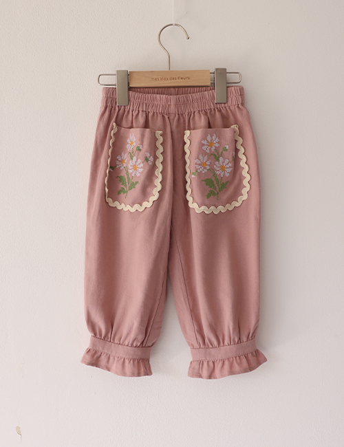 [MES KIDS DES FLEURS]Embroidered trousers _ Pink  [50%cotton 50%linen] [110,120]