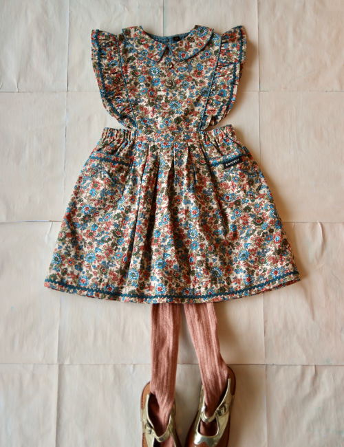 [BONJOUR DIARY]Apron dress with lace _ Small Blue flowers print[4Y, 8Y]