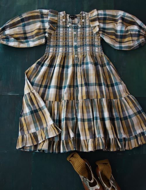[BONJOUR DIARY]Ibiza dress with balloon sleeve, mchine smocking and hand flowers  _ Big green check[3Y,4Y]