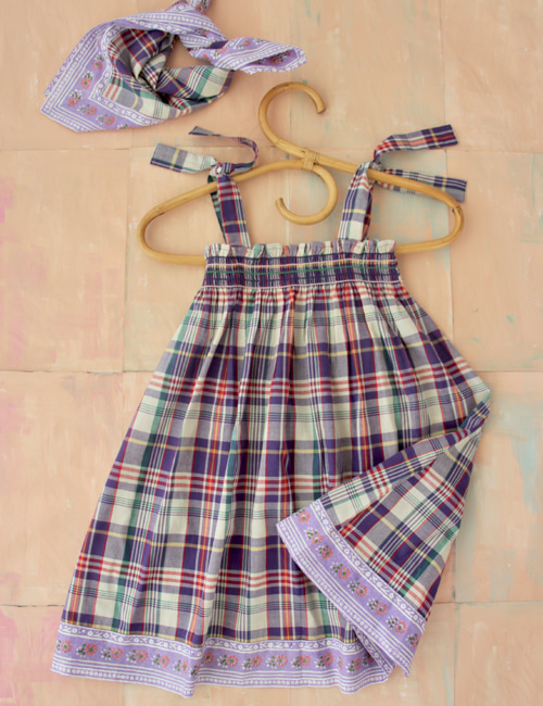 [BONJOUR DIARY] Skirt dress with scarf 50*50 cm with border _ Purple check[2-3Y, 6Y]