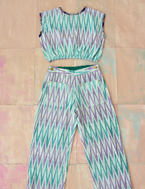 [BONJOUR DIARY] Long pant Top with Elastic at bottom + long pants _ Ikat violet / green[8Y]