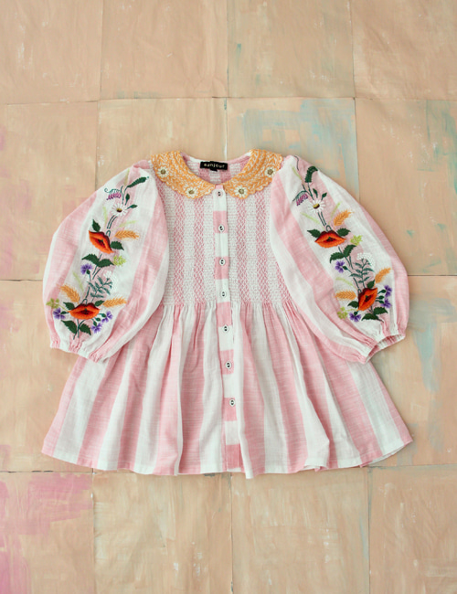 [BONJOUR DIARY] Tunique Blouse with embrloidery collar &amp; sleeve _ Large pink stripes
