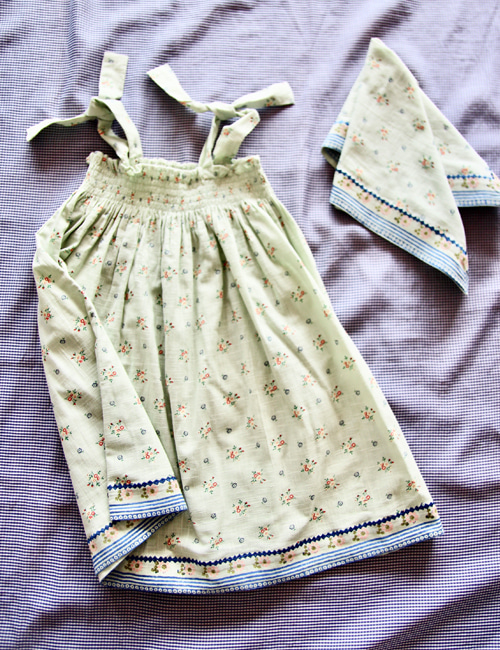 [BONJOUR DIARY] Dress skirt with border + Scarf with border block print _ Mint flower print