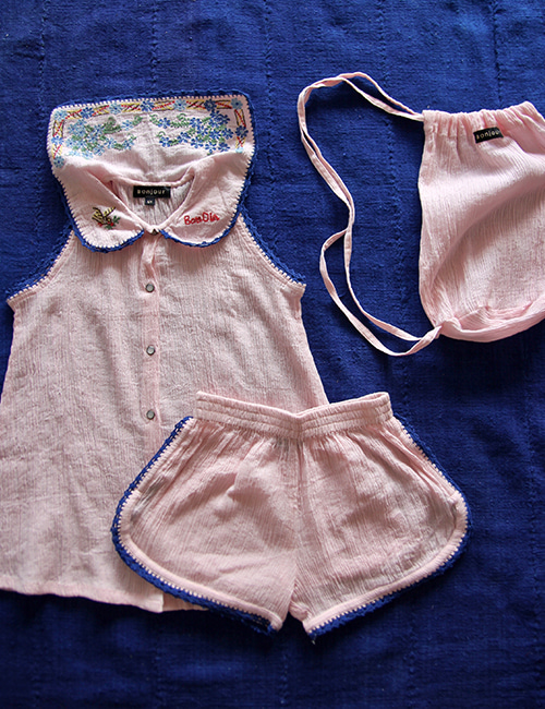 [BONJOUR DIARY]Pyjama set + bag with new embroidery _ Middle pink solid cotton crepe