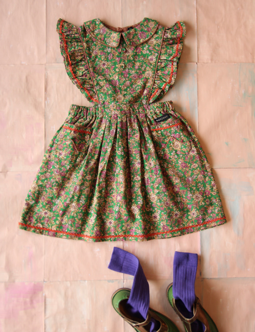 [BONJOUR DIARY]Apron dress with lace _ Small pink flowers print[6Y]