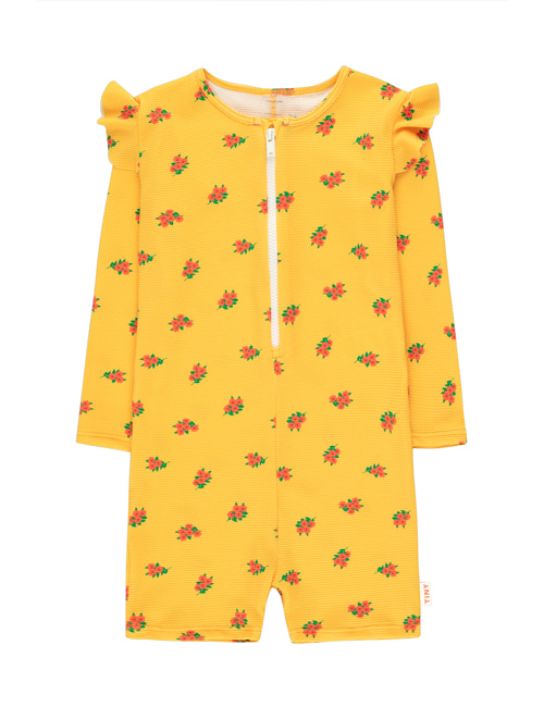 [TINY COTTONS]  FLOWERS SWIM LS ONE-PIECE _ yellow/summer red