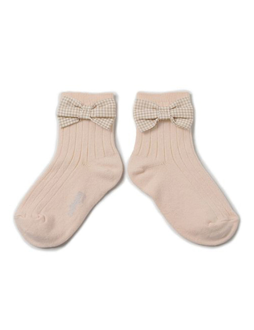 [COLLEGIEN] Ribbed Ankle Socks with Gingham bow  (No.590)[24/27, 28/31, 32/35]