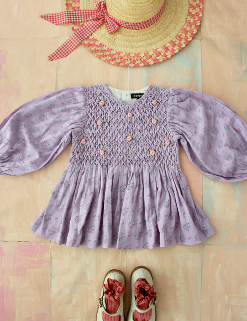 [BONJOUR DIARY] Handsmock blouse _ Small pastels flowers overdyed in light violet color[4Y, 10Y]