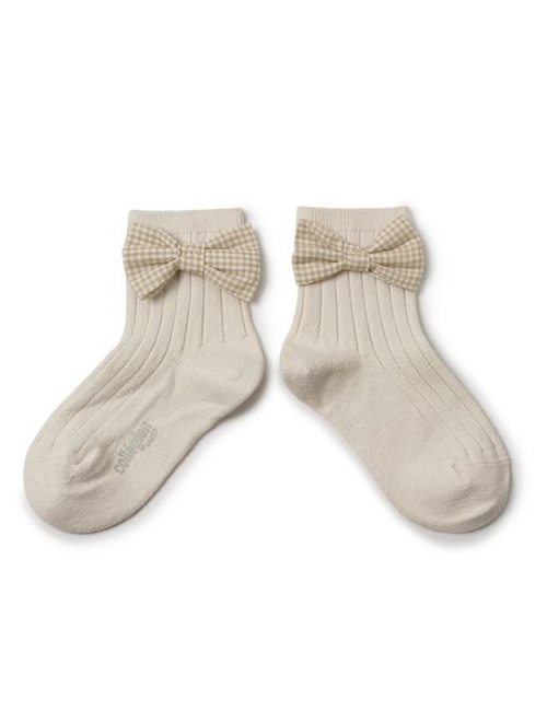 [COLLEGIEN] Ribbed Ankle Socks with Gingham bow  (No.037)[24/27, 28/31, 32/35]
