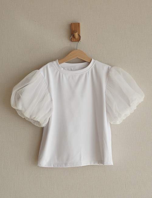 [ MES KIDS DES FLEURS] puff-sleeve T-shirt _ White (Nylon 75% Spandex 25‰）[120]