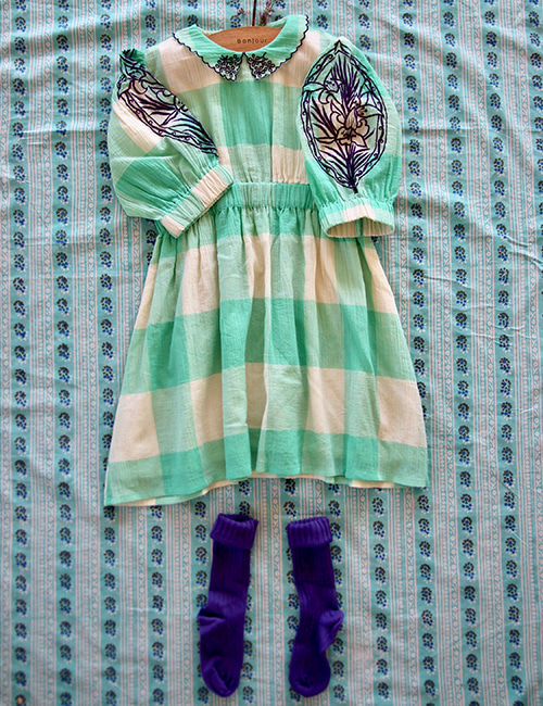 [BONJOUR DIARY]Marie Dress with embroidery   _ Vichy Mint check - Crepe