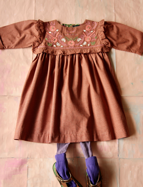 [BONJOUR DIARY]Rosalie dress with flounce and embroidery _ Small orange check[4Y, 8Y, 10Y]