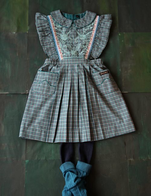 [BONJOUR DIARY]Apron dress with embroidery  _ Small blue check[3Y]