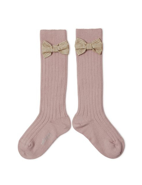 [COLLEGIEN] Ribbed Knee-high Socks with Gingham bow (No.331)[24/27, 28/31, 32/35]