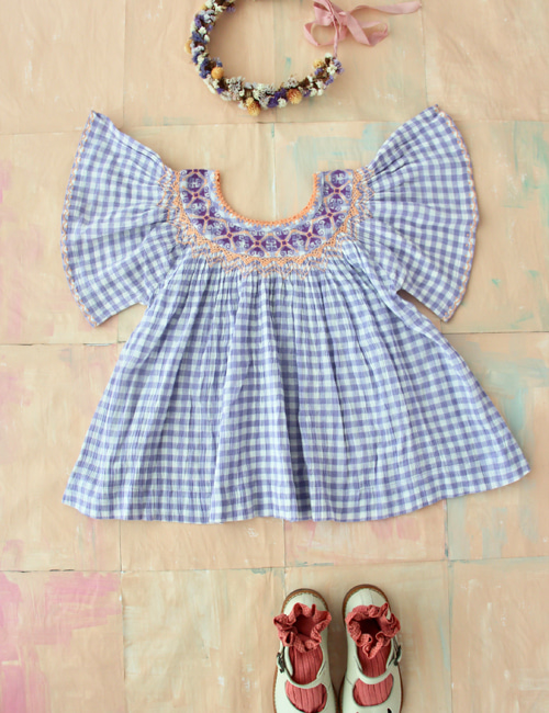 [BONJOUR DIARY] Butterfly Blouse with cross embroidery _ Violet Gingham[2-3Y, 4Y, 8y]