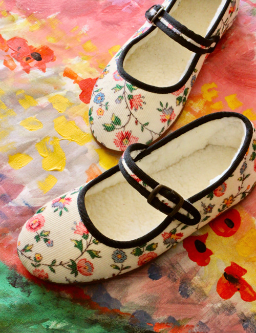 [BONJOUR DIARY] SHOES _ Ivory flowers print - corduroy[24,26,33]